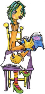 bgoph ilustración, enredada entre libros y textos"