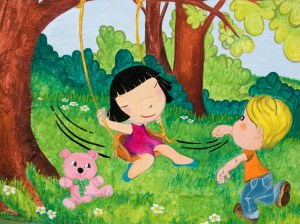 "niños en columpio" Pintura Mural Begoña Pérez-Herrera Moreno, escuela Infantil pitufos de Vigo, bgophycolorincolorado