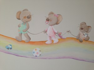 Pintura Mural, "Ratoncitos over the Rainbow" , Autora Begoña Pérez-Herrera Moreno, inspirada en una ilustración de Slivia Muñoz, dormitorio infantil, Vigo, Spain, bgophycolorincolorado